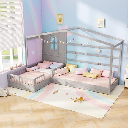 Dreamade Double Twin Beds for Kids, House L-Shaped Platform Beds with Window & Fences