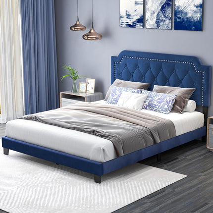 Dreamade Velvet Queen Size Bed Frame, Upholstered Platform Bed with Button Tufted & Nailhead Trim Headboard