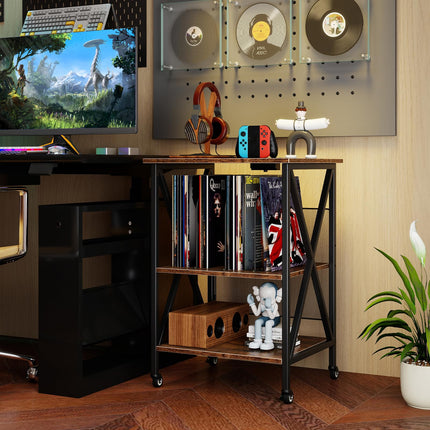 Dreamade Record Player Stand with Charging Station Turntable Stand with Record Storage & 4 Rolling Wheels
