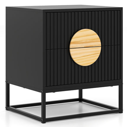 Dreamade Fluted Nightstand with 2 Drawers with Natural Circle Handle & Metal Frame