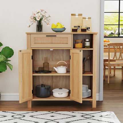 Dreamade Buffet Cabinet with 2 Doors, Drawer 3 Open Cubbies Adjustable Shelf (Natural)