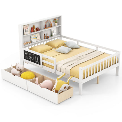 Dreamade Full/Twin Size 2 Storage Drawers, Solid Wood Kids Bed Frame w/Bookcase Headboard & Blackboard
