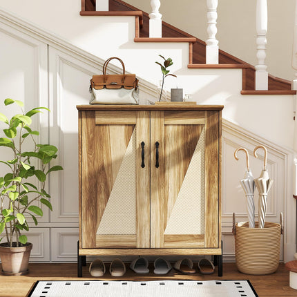 Dreamade 5-Tier Farmhouse Shoe Storage Cabinet with Woven Rattan Doors,