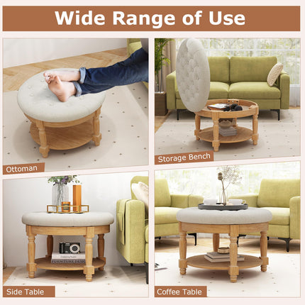Dreamade Large Ottoman Coffee Table - 29 inch Oversized Round Ottoman with Storage Shelf, Flip up Top, Wood Legs