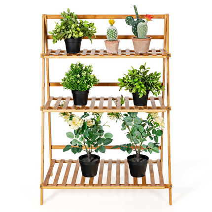Dreamade 3 Tier Folding Storage Shelf, Bamboo Ladder Plant Stand