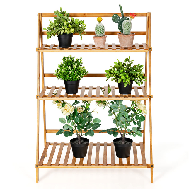 Dreamade 3 Tier Folding Storage Shelf, Bamboo Ladder Plant Stand