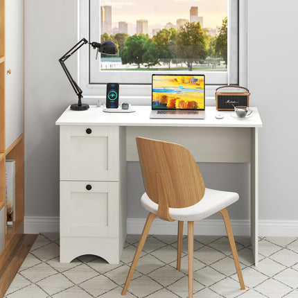 Dreamade White Desk with 2 Drawers, 43” Wooden Home Office Desk with Charging Station