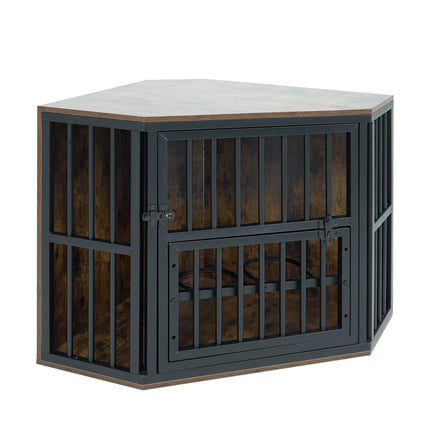 Dreamade Corner Dog Crate Furniture with Adjustable & Reversible Elevated Feeder