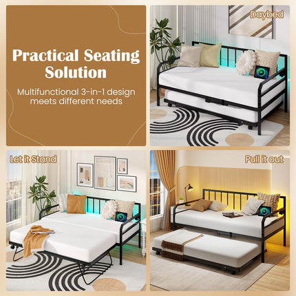 Dreamade Twin Daybed with Trundle, Twin Bed Frame with Charging Station & LED Lights, Metal Trundle Bed Twin w/Steel Slats Support