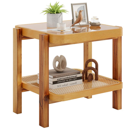 Dreamade Rattan Side Table, Boho End Table for Living Room, Narrow Bedside Table with Tempered Glass Top