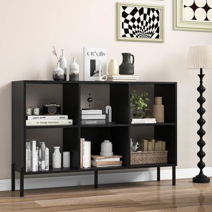 Dreamade 6 Cube Bookcase, 3-Tier 47" Long Wood Bookshelf w/ 5 Metal Legs, Adjustable Shelf, Anti-toppling Device