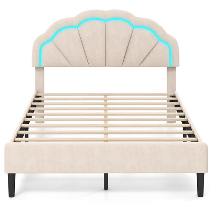 Dreamade Full Size LED Bed Frame, Velvet Upholstered Full Platform Bed with Adjustable Cloud Headboard
