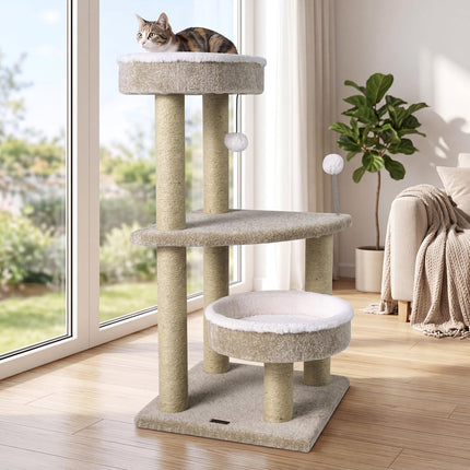 DREAMADE 36-Inch Modern Cat Tree with Scratching Posts & 2 Beds