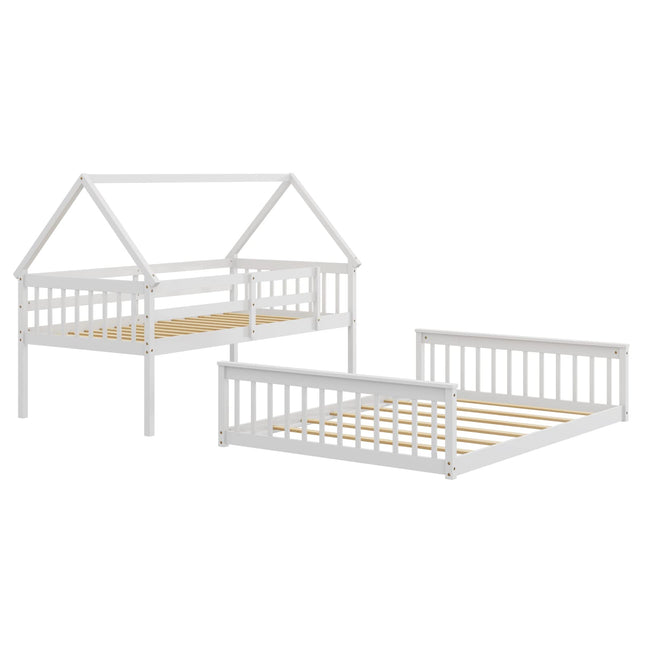 Dreamade Twin Over Full House Bunk Bed, Floor Low Bunk Bed Frame w/Integrated Ladder & Safety Guardrails