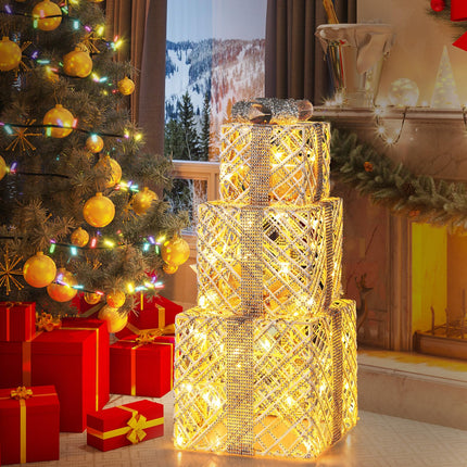 Dreamade Set of 3 Christmas Lighted Gift Boxes, 90 LED Light up Present Boxes with Bows