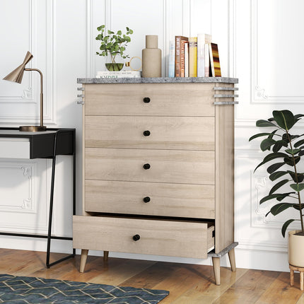 Dreamade 5-Drawer Storage Cabinet with Rubber Wood Legs