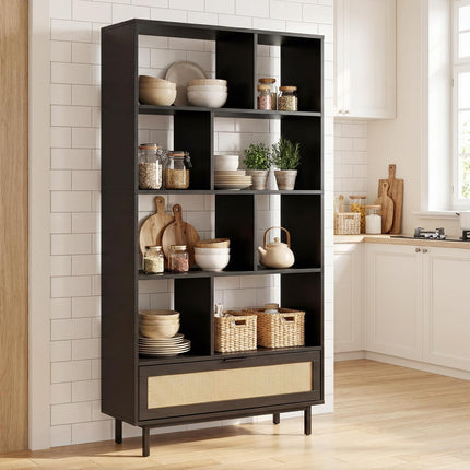 Dreamade 64" Tall 6-Tier Wood Bookshelf with Rattan Drawer