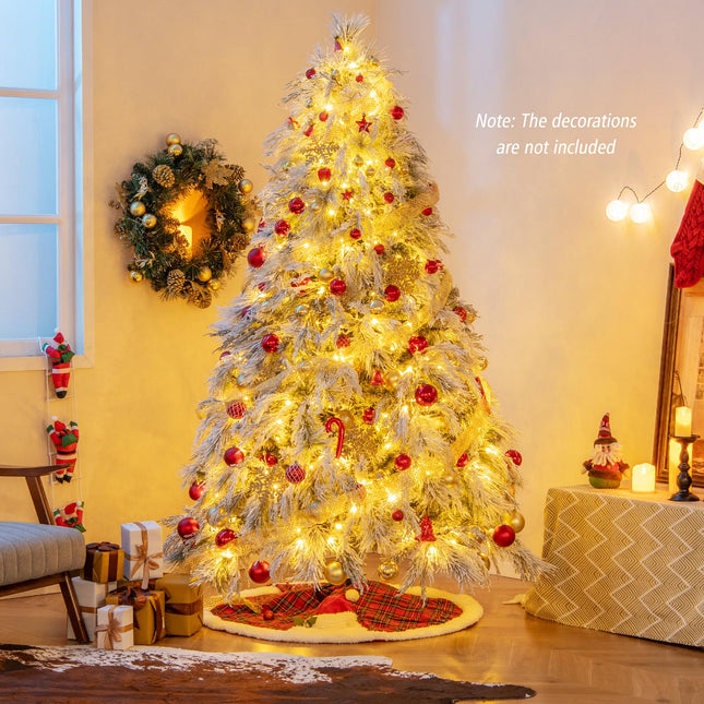 Dreamade 7ft Pre-Lit Snow Flocked Christmas Tree, Artificial Hinged Full Xmas Tree with 743 PVC & Pine Needles