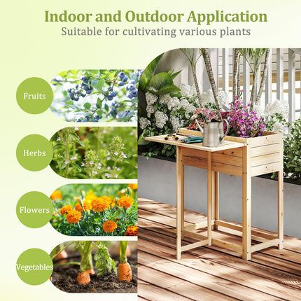 Dreamade Wood Raised Garden Bed w/Folding Drop-Leaf Potting Table