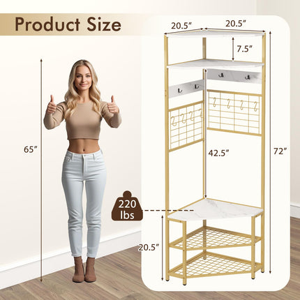 Dreamade Corner Hall Tree, 73" Tall Coat Rack w/Shoe Storage Bench, 12 Metal Hooks, 5-Tier Entryway Shoes Shelf Organizer