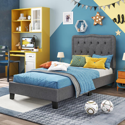 Dreamade Twin Size Bed Frame, Modern Linen Upholstered Platform Bed w/ 46" Tall Button Tufted Headboard