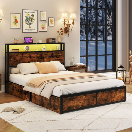 Dreamade Queen/Full Size LED Bed Frame with Charging Station & 4 Storage Drawers