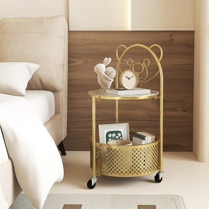 Dreamade Mobile Glass Coffee Table, 2-Tier Round End Table with Bear Pattern, Storage Basket, Metal Frame