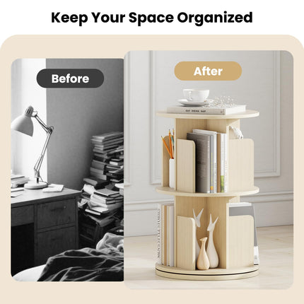 Dreamade 2-Tier Rotating Bookshelf 360° Display Rack w/Dividers & Anti-Falling Baffles