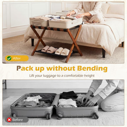 Dreamade Folding Luggage Rack | Solid Rubber Wood Suitcase Stand with Storage Shelves
