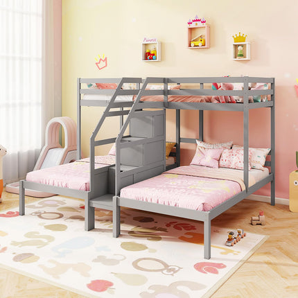 Dreamade Twin Over Twin & Twin Bunk Bed Triple Bunk Beds with 4-Step Storage Stair