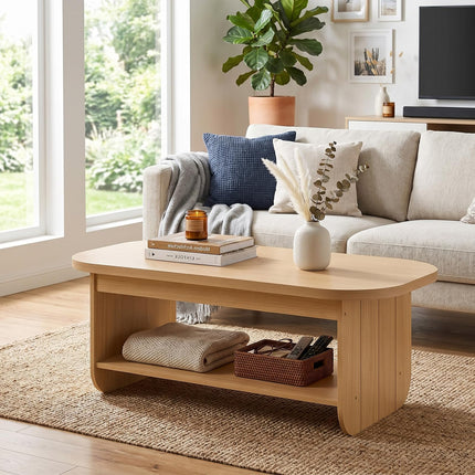 Dreamade 47" Mid Century Oval Coffee Table with Storage Shelf & Round Corner