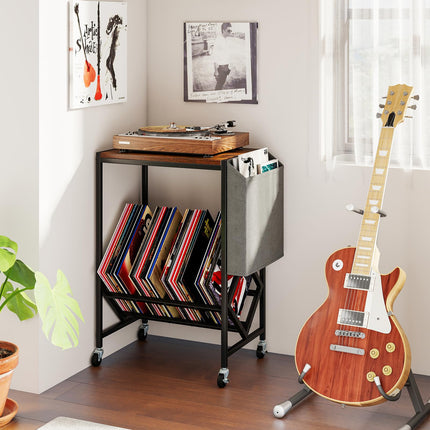 Dreamade Rolling Record Player Stand 2-Tier with Vinyl Storage and Magazine Holder Bag