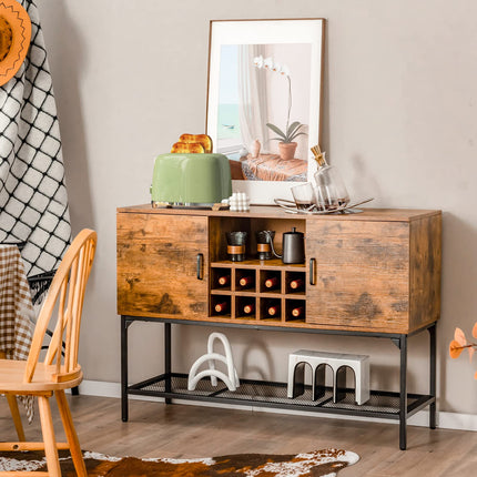 Dreamade Industrial Buffet Sideboard, Freestanding Kitchen Cupboard with Wine Rack (Rustic Brown & Black)