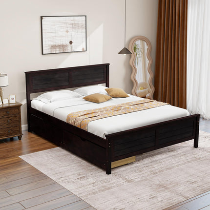 Dreamade Wood Full Size Bed Frame with 2 Storage Drawers, Solid Wood Platform Bed with Headboard
