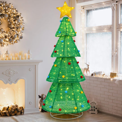 Dreamade 6.2 FT Collapsible Christmas Tree with 200 Built-in LED Lights, Pre-Lit Christmas Tree w/Top Star Decoration & Furry Balls