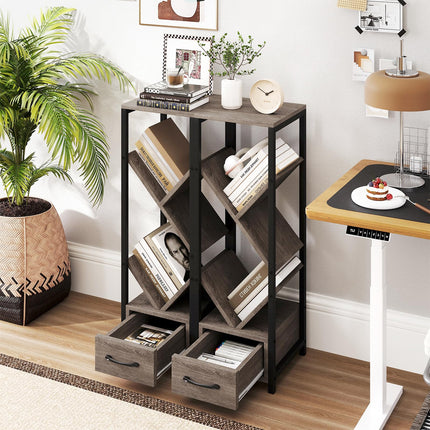 Dreamade Tree Bookshelf with Drawer, 4-Tier Narrow Bookcase with Metal Frame, Tall Floor Standing Storage Organizer for Small Space