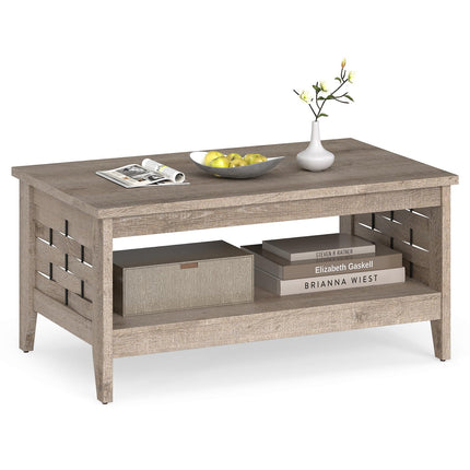 Dreamade 2-Tier Farmhouse Coffee Table with Open Shelf and Woven Decorations for Living Room
