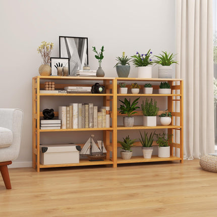 Dreamade 4-Tier Bookshelf, 34.5" Floor Storage Shelf w/Rubber Wood Frame, Anti-Toppling Kits, Side Fences