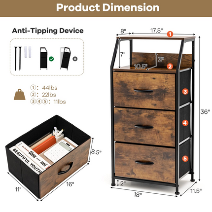 Dreamade 3 Drawers Dresser, Storage Tower w/ 3 Foldable Fabric Drawers & Open Shelves