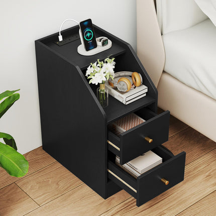 Dreamade Side End Table with Charging Station Sofa Couch Table with Shelf Drawers