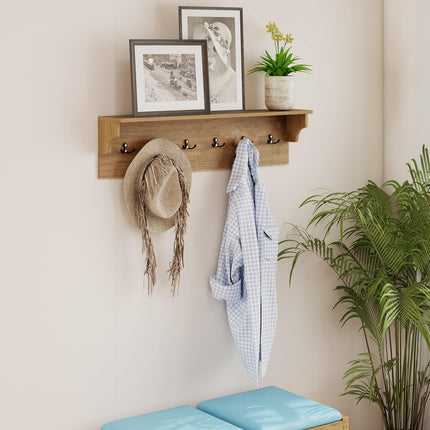 Dreamade Wall-Mounted Storage Shelf | 31.5" Wooden Hanging Coat Rack with 6 Hooks