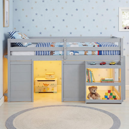 Dreamade Wooden Low Kids Loft Bed with LED Lights and 2 Doors