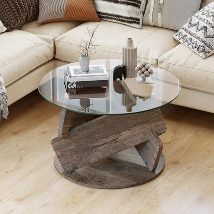 Dreamade 32inch Glass Round Coffee Table with Clear Tempered Glass Top Solid Wood Legs