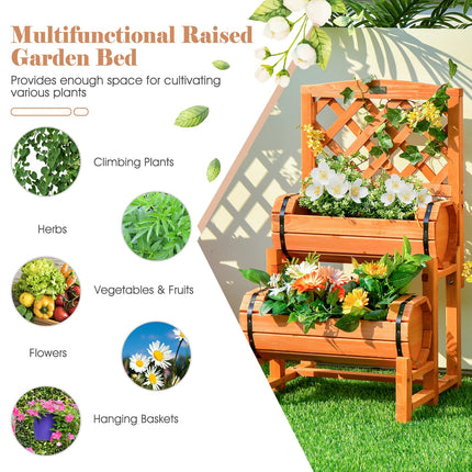 Dreamade Raised Garden Bed with 2 Barrel Planters & Trellis, 2-Tier Freestanding Wooden Raised Bed for Vegetable Flower Fruit