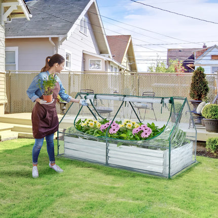 Dreamade Galvanized Steel Raised Garden Bed with Mini Greenhouse, Outdoor Metal Planter Box Kit with Large Roll-up PVC Cover