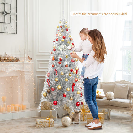 Dreamade 6ft Pre-lit Silver Pencil Christmas Tree, Artificial Tinsel Electroplated Tree, Decor for Home