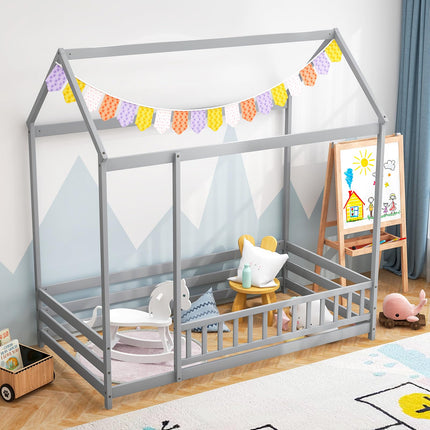 Dreamade Twin Floor Bed with Fence, Wood Montessori Bed with Safety Guardrails and 80.5" High Roof Design