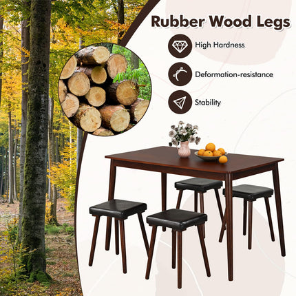 Dreamade 5-Piece Dining Table Set for 4 - Dining Table with 4 Upholstered Stools, Rubber Wood Legs