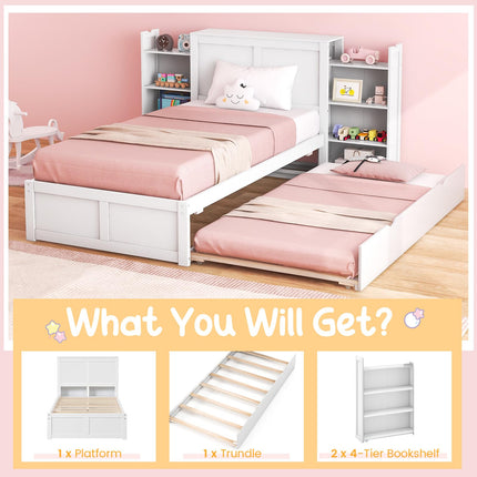 Dreamade Full Bed Frame with Twin Trundle, Wooden Bed Wooden Bed Frame with 2 Rolling Bookcases & High Headboard