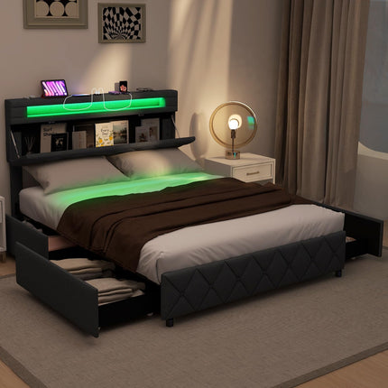 Dreamade Queen/Full Size Bed Frame with Storage Headboard and 4 Drawers, Modern Upholstered Platform Bed with Charging Station